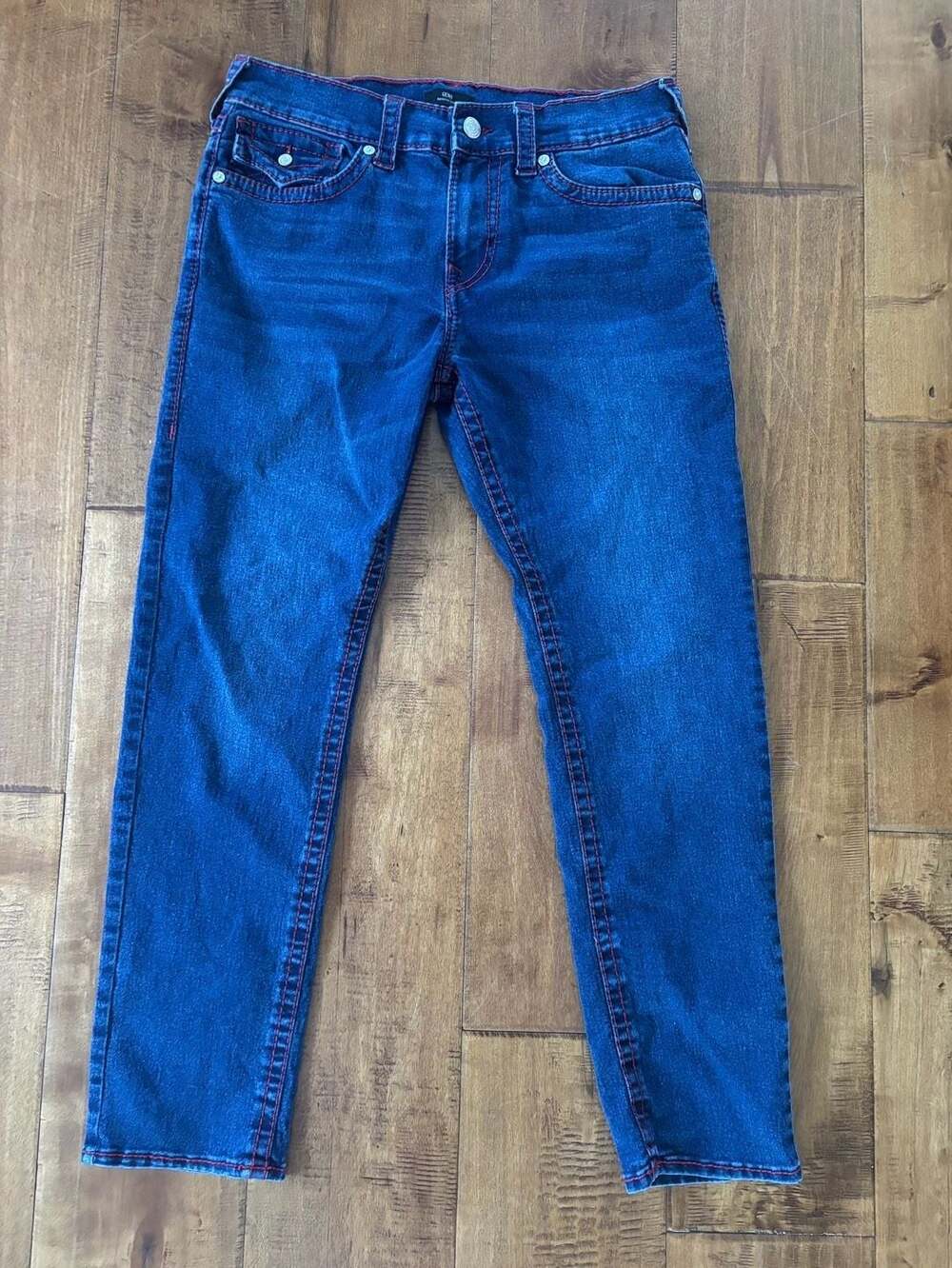True Religion Geno Relaxed Slim Jeans with Red Stitching